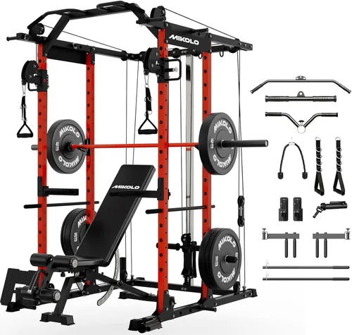 Miniatura 13 de Mikolo Jaula de Potencia, Rack de Potencia con Sistema de Cruce de Cables, 1500LBS Rack para Sentadillas con Sistema de Jalón LAT, Jaula de Rojo