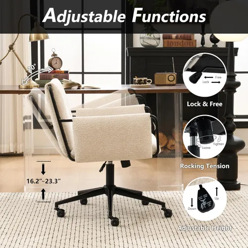 Miniatura 4 de Rowill Silla de oficina moderna, tela beige Boucle, altura ajustable, capacidad de 300 libras, ruedas, reposabrazos, perfecta para oficina en casa
