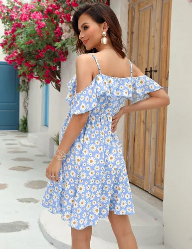 Miniatura 6 de FUNJULY Vestido de lactancia de maternidad para mujer, cuello en V, tirantes delgados, manga con volantes, estampado de margaritas, vestido