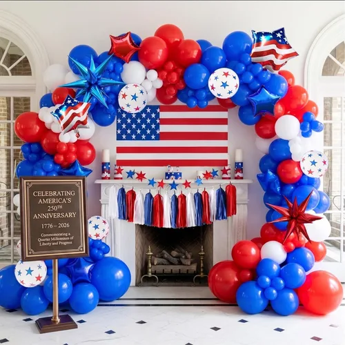 Miniatura 7 de Kit de arco de guirnalda de globos azul rojo negro blanco 140PCS con tarjetas de fondo adhesivas Globos de mylar grandes Starburst para fiesta