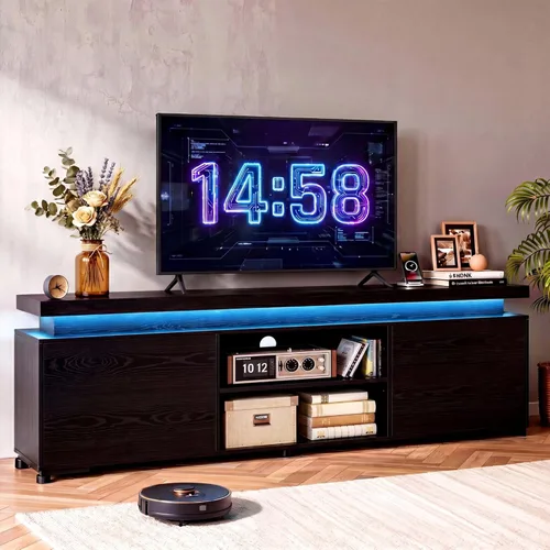 IRONCK Soporte de TV para TV de 65 pulgadas, consola de TV con luces LED y toma de corriente, centro de entretenimiento con armarios y estantes de