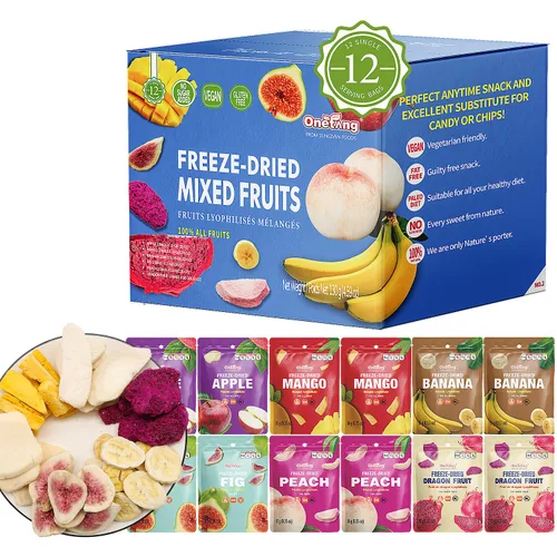 ONETANG Fruta Mixta Liofilizada, Paquete de 12 Porciones Individuales, Sin OGM, Kosher, Sin Azúcar Añadido, Sin Gluten, Vegano, Regalos Navideños,