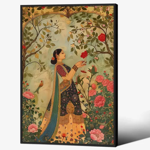 Miniatura 34 de Haitunone Arte de pared de mujer india paquistaní tradicional, póster de pintura floral feminista estilo mogol, impresiones en lienzo para sala