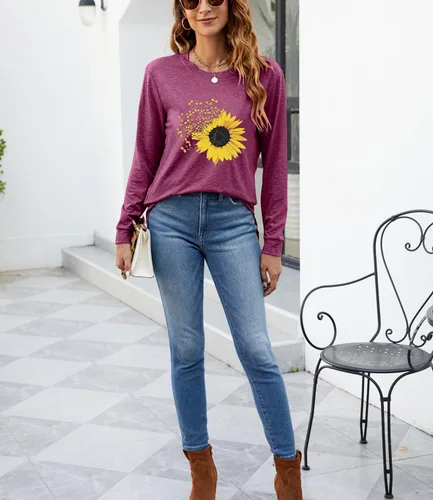Miniatura 6 de Camiseta de otoño con estampado de girasol para mujer, diseño casual, holgada, manga larga, cuello redondo, túnica