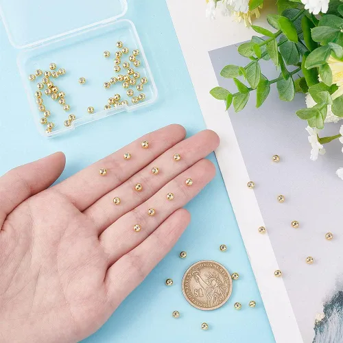 Miniatura 3 de BENECREAT 80 cuentas redondas de latón chapado en oro de 18 quilates, cuentas de tapón dorado de 0.16 x 0.118 pulgadas, cuentas deslizantes con goma