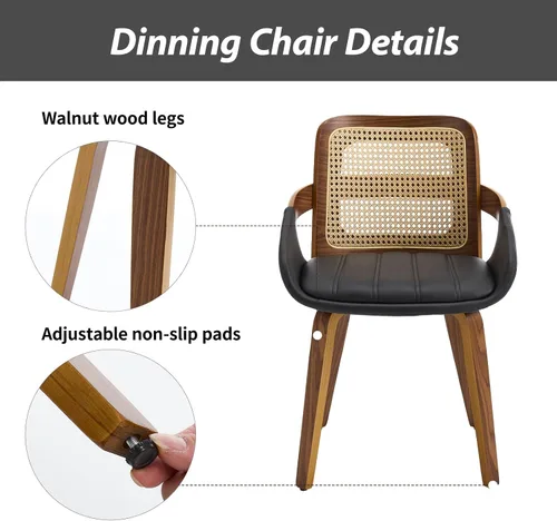 Miniatura 5 de VipDesk Juego de 2 sillas de comedor, sillas de comedor modernas de mediados de siglo con brazos y respaldo de ratán, sillas de cocina de madera