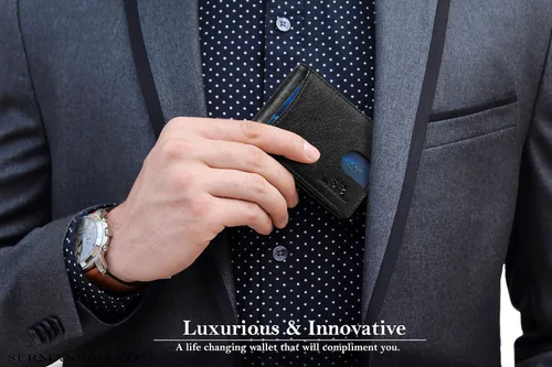 Miniatura 61 de SERMAN BRANDS - Billetera sencilla de cuero genuino con bloqueo RFID para hombre, billetera delgada con bolsillo frontal y clip para dinero