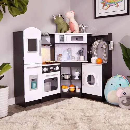 Miniatura 9 de Lil' Jumbl Juego de cocina de esquina para niños, cocina de lujo de madera de simulación, máquina de hielo a pilas, estufa y grifo con sonido Negro