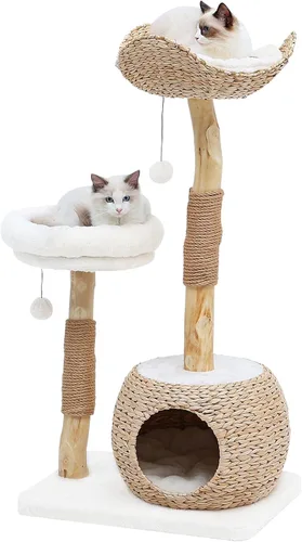 Torre de árbol para gatos de interior, moderno condominio para gatos de madera real con poste rascador, plataformas de salto, bola de juguete