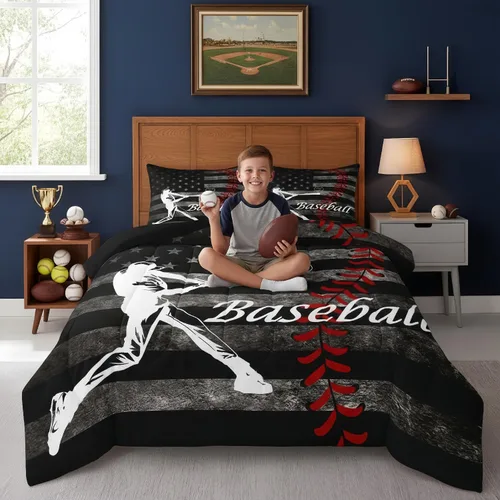 Miniatura 2 de Erosebridal Juego de edredón de béisbol para niños, ropa de cama vintage con bandera americana, tamaño Queen para adultos, niñas, niños