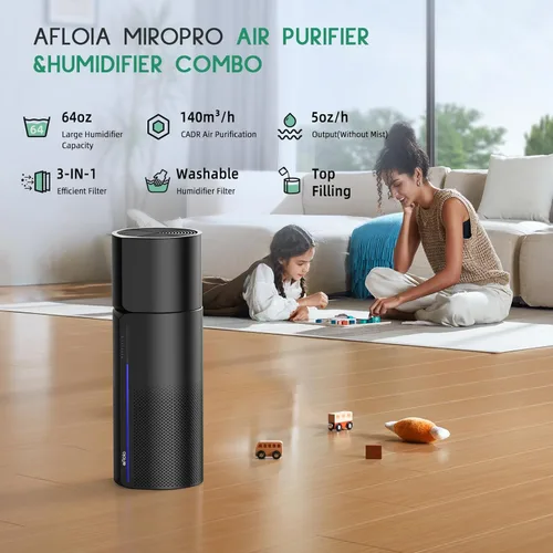 Miniatura 3 de Afloia Purificador de aire y humidificador 2 en 1, filtración silenciosa de 3 etapas para alergias de mascotas y humo, apagado automático, luz LED