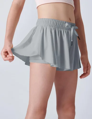 Miniatura 4 de Paquete de 3 pantalones cortos fluidos para niñas con forro de elastano, 2 en 1, faldas de mariposa para jóvenes, para fitness, correr, deportes