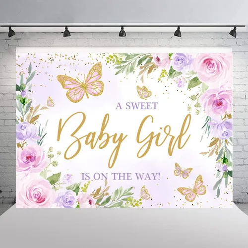 Miniatura 4 de Decoración de mariposa para baby shower para niña, telón de fondo de 7 x 5 pies, A Sweet Baby Girl is on the Way Flores florales moradas Fondo
