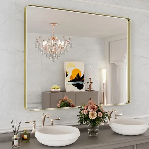 WEER - Espejo de baño dorado, espejo de 40x32 pulgadas con marco de metal dorado cepillado, espejo de tocador de baño de oro para pared con forma de