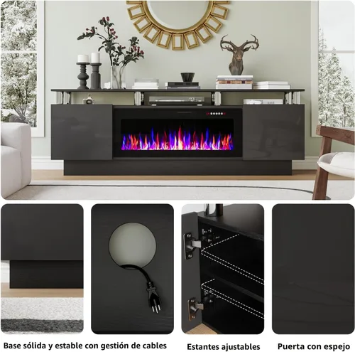Miniatura 4 de Soporte de TV con chimenea de 36 pulgadas, soporte de TV negro de 70 pulgadas para sala de estar, moderno soporte de TV con chimenea eléctrica