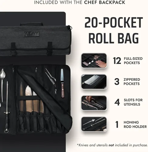 Miniatura 3 de Asaya - Mochila para cuchillos de chef con bolsa enrollable para 20 cuchillos de bolsillo - Más de 30 bolsillos para cuchillos - Los cuchillos