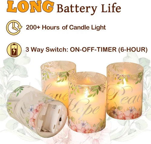 Miniatura 2 de Velas sin llama de Navidad de cristal con llama parpadeante, velas de cera real florales LED con control remoto - Juego de 4 para decoración