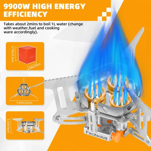Miniatura 2 de Estufa de gas de campamento resistente al viento de 9900 W, estufa de camping portátil con encendido piezoeléctrico, adaptador de tanque de propano