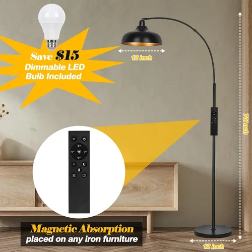 Miniatura 4 de Lámparas de pie de arco con control remoto – Lámpara de pie regulable de 70 pulgadas, lámpara alta negra con pantalla de metal colgante ajustable