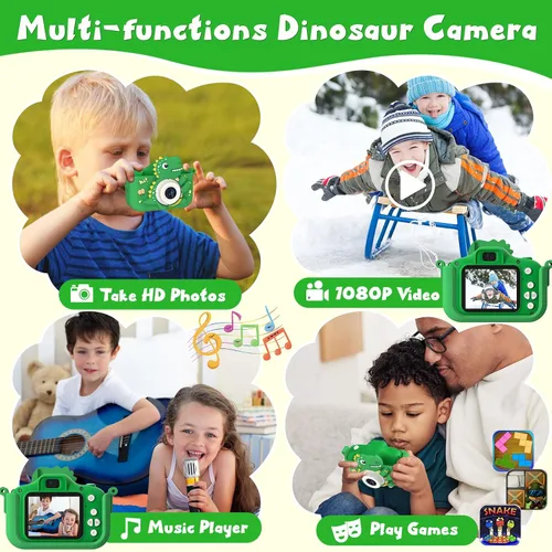 Miniatura 2 de Cámara de dinosaurio para niños, cámara HD selfie para niños pequeños, juguetes de cumpleaños de Navidad para niños y niñas de 3 a 12 años, cámara