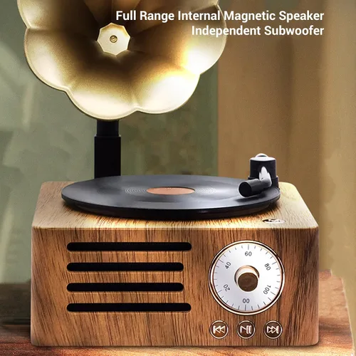 Miniatura 2 de Altavoz de tocadiscos vintage, tocadiscos portátil de grano de madera, altavoz Bluetooth con bocina de cobre, función de radio FM, diseño compacto