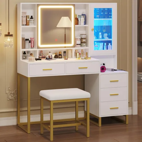 Miniatura 9 de BTHFST Tocador de maquillaje con taburete tapizado y estación de carga, escritorio con espejo y luces, juego de mesa de tocador con almacenamiento