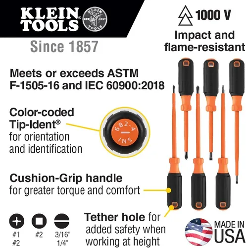 Miniatura 2 de Klein Tools 85076INS Juego de destornilladores aislados, fabricado en EE. UU., cuenta con destornilladores eléctricos de 1000V, (3) puntas Phillips