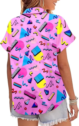 Miniatura 3 de Trajes de los años 80 y 90 para mujer, camiseta temática de fiesta de los años 80, camisas hawaianas con botones de los años 90, camisetas retro