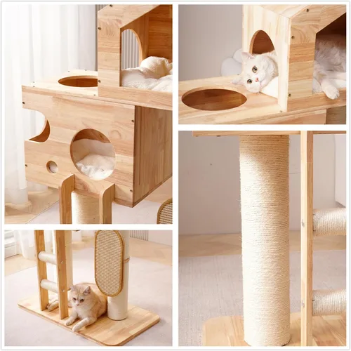 Miniatura 8 de SHENGOCASE Moderno castillo grande de madera maciza de goma maciza para gatos con cama grande cerrada, condominio, poste rascador y rascador