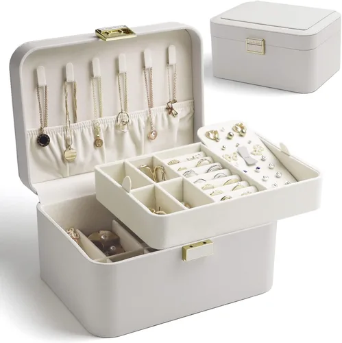 KAMIER Organizador de joyas caja organizadora de joyas de 2 capas para aretes pulseras anillos collares cuero de lujo y forro de terciopelo suave