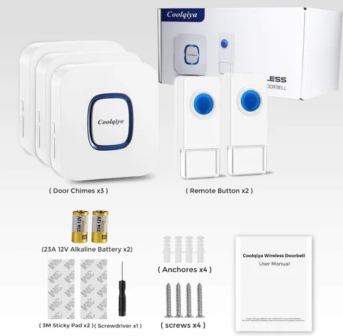 Miniatura 9 de Timbre inalámbrico Coolqiya con 2 botones remotos y 3 receptores de enchufe, no necesita pilas para receptor de más de 50 campanadas, blanco