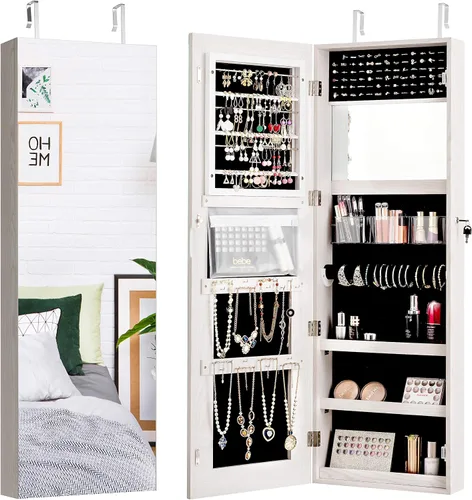 Giantex Armario de joyería montado en la pared armario de joyería con cerradura con pantalla completa espejo más grande y ancho de 16 pulgadas caja