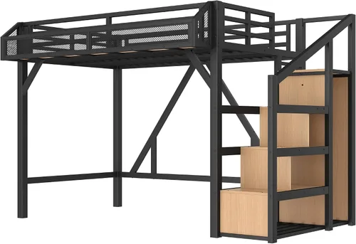 Miniatura 7 de SOFTSEA Cama alta individual XL con escaleras y almacenamiento, marco de cama de metal con puertos USB y luces LED, cama alta resistente con armario