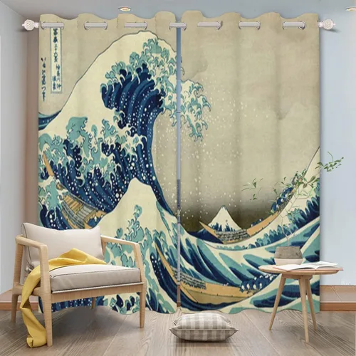 Cortinas japonesas Ukiyo-e para ventana, cortinas abstractas retro de gran onda, Kanagawa, cortinas de oscurecimiento para ventana, tratamiento