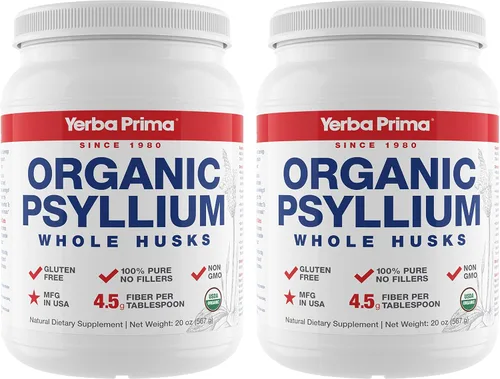 Yerba Prima Fibra orgánica de cáscaras de psyllium entero, 20 onzas (paquete de 2), suplemento de fibra dietética natural diario, limpiador de