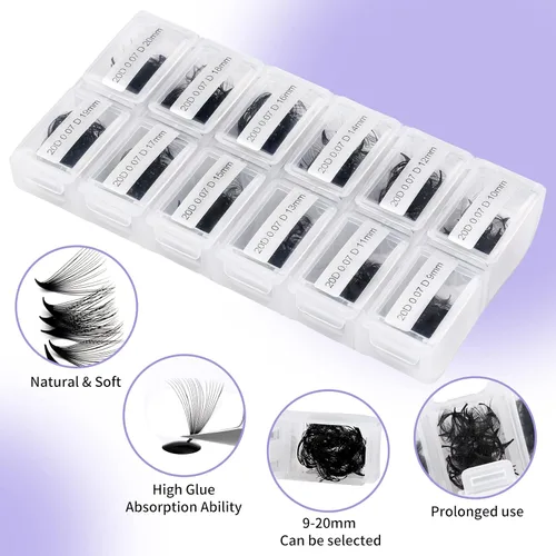 Miniatura 4 de Extensiones de pestañas postizas prefabricadas en abanico de WENDY LASHES, 1200 piezas, con volumen, rizado D, raíces cortas, base puntiaguda, 20D