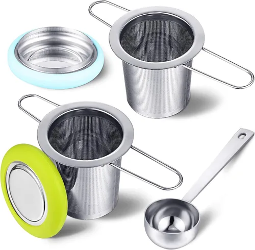 2 Infusores de té de acero inoxidable con mango plegable, filtro extra, filtro de malla fina, cesta de preparación con tapa para té de hojas sueltas