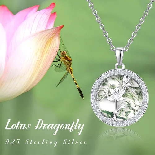 Miniatura 6 de TANGPOET Sterling Silver Lotus Flower Frog Dragonfly Necklaces Natural Green Moss Agate Pendant Jewelry Gifts for Women Teen Girls with 18"+2" Chain