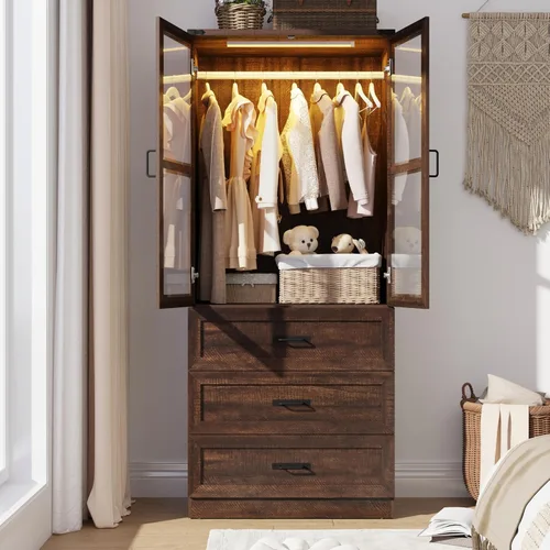 Miniatura 10 de Hlivelood Armario Ropero Estilo Granja de 75" de Alto con 2 Puertas con LED, Armario Independiente para Dormitorio con Barra para Colgar, Gabinete