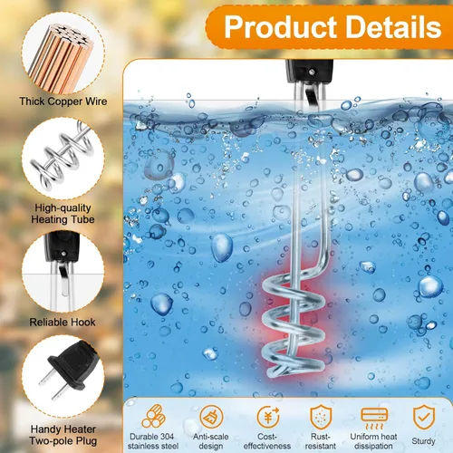 Miniatura 4 de Calentador de agua de inmersión de 1000W-110V, calentador de agua eléctrico de 10 pulgadas, elemento de inmersión sumergible portátil, elemento