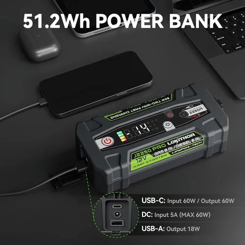 Miniatura 7 de LOKITHOR J2250 PRO Arrancador de Salto con ConnectMax, Batería de Arranque para Coche LiFePO4 de 2250A para Motores de Gasolina de 8.0L y Diésel