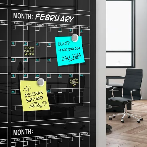 Miniatura 2 de Pizarra blanca magnética negra de vidrio de 34 x 46 pulgadas, calendario anual, pizarra blanca, calendario de borrado en seco para pared, pizarra