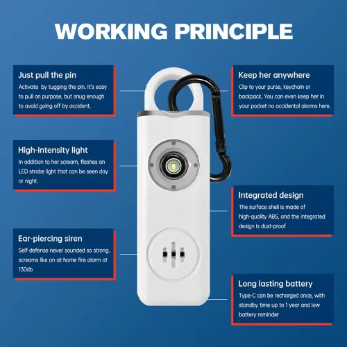 Miniatura 5 de Alarma de seguridad personal recargable, llavero de 130 dB con luz intermitente SOS, peso ligero de 0.99 oz, más de 500 días de espera, alerta