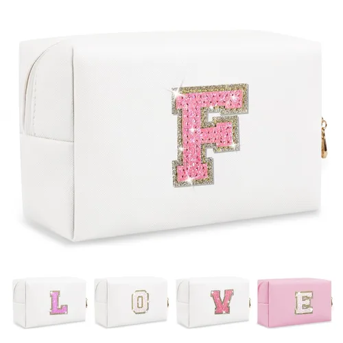 Miniatura 344 de Pequeña bolsa de maquillaje personalizada con inicial A-Z Preppy Patch, bolsa de cosméticos de viaje de felpilla blanca con cremallera, bonita bolsa
