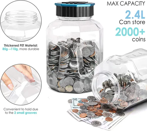 Miniatura 3 de Alcancía X-Large para adultos y niños, Vcertcpl banco digital contador de monedas con contador LCD, capacidad de 2.4L, excelente banco contador