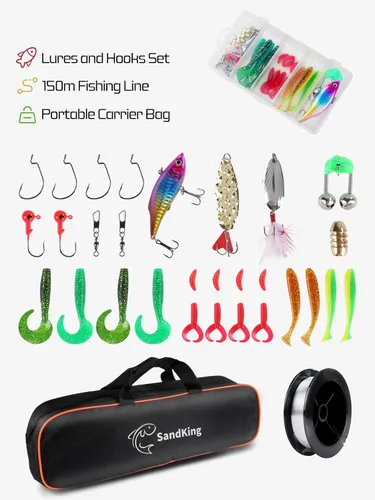 Miniatura 4 de Kit de Caña de Pescar, Caña Telescópica de Fibra de Carbono y Carrete con Carrete Giratorio, Línea, Cebo Biónico, Anzuelos y Bolsa de Transporte