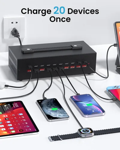 Miniatura 2 de Estación de carga USB-C de 200W, bloque de cargador USB de 20 puertos (10 USB A y 10 USB-C), estación de carga rápida para múltiples dispositivos