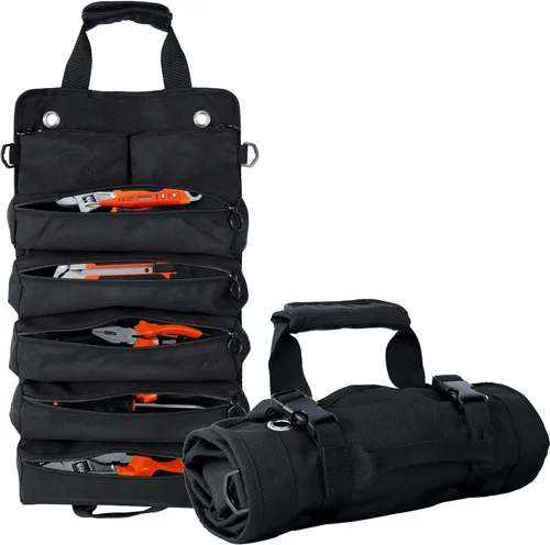 Organizador plegable portátil de herramientas enrollable con 5 compartimentos y 2 bolsas desmontables, bolsa de herramientas de servicio pesado Negro