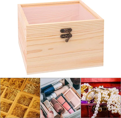 Miniatura 7 de 4 cajas de madera sin terminar con ventana, caja de madera para manualidades y almacenamiento con tapa superior de plástico, para recuerdos