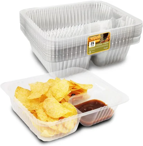 25 bandejas desechables para nachos, recipientes de plástico de 12 onzas con soporte para chips y salsa, 6 x 5 pulgadas, 2 compartimentos, bandejas